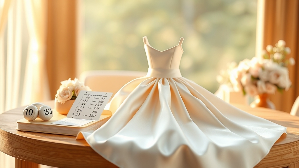 Rochia de mireasă atârnată pe umeraș, cu carnețel de buget pe masă, ilustrație 3D în tonuri calde.